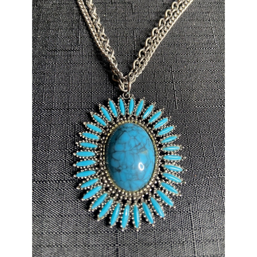 Celebrity Turquoise Oval Pendant Necklace Silver Tone Womens Statement 20 In